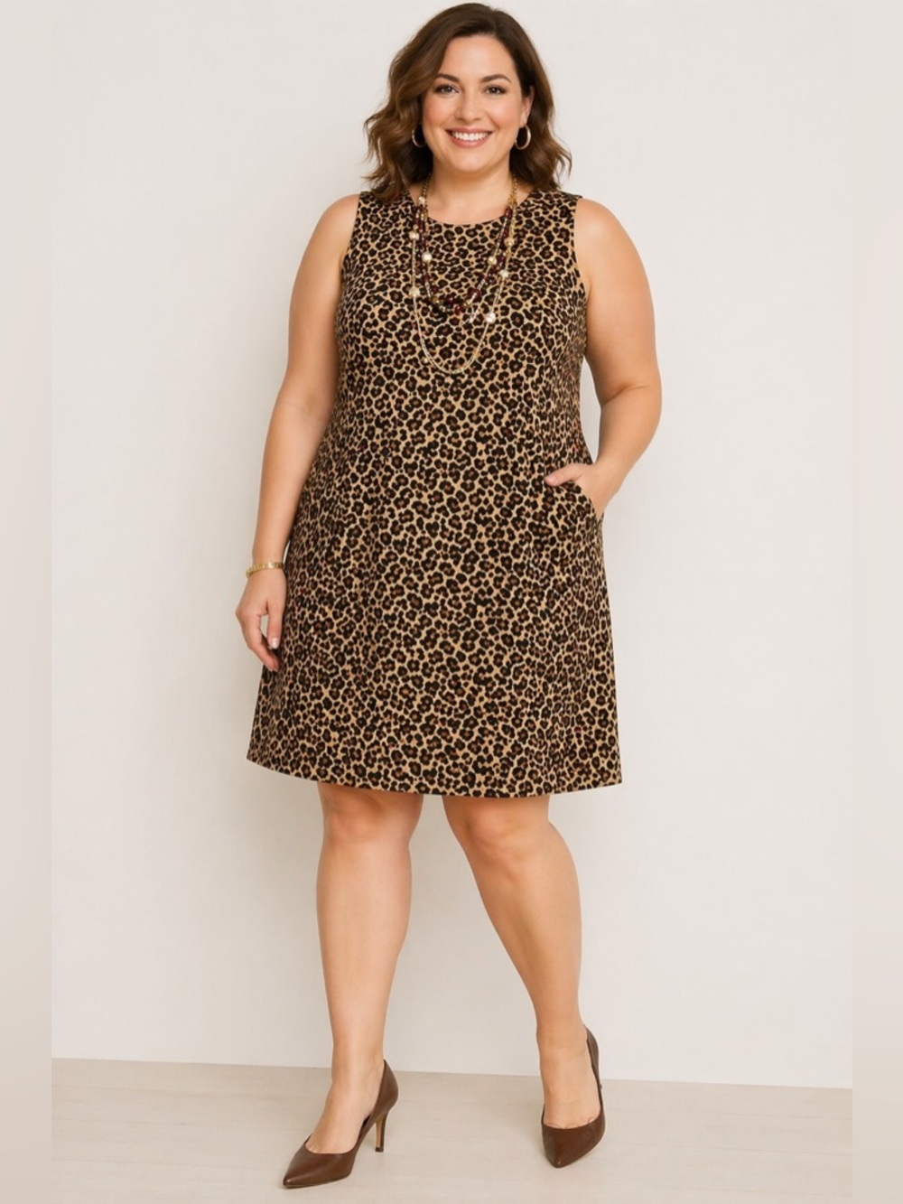 Lands‎ End Women’s Leopard Print Dress 18P Sleeveless Pockets Brown Career Wear
